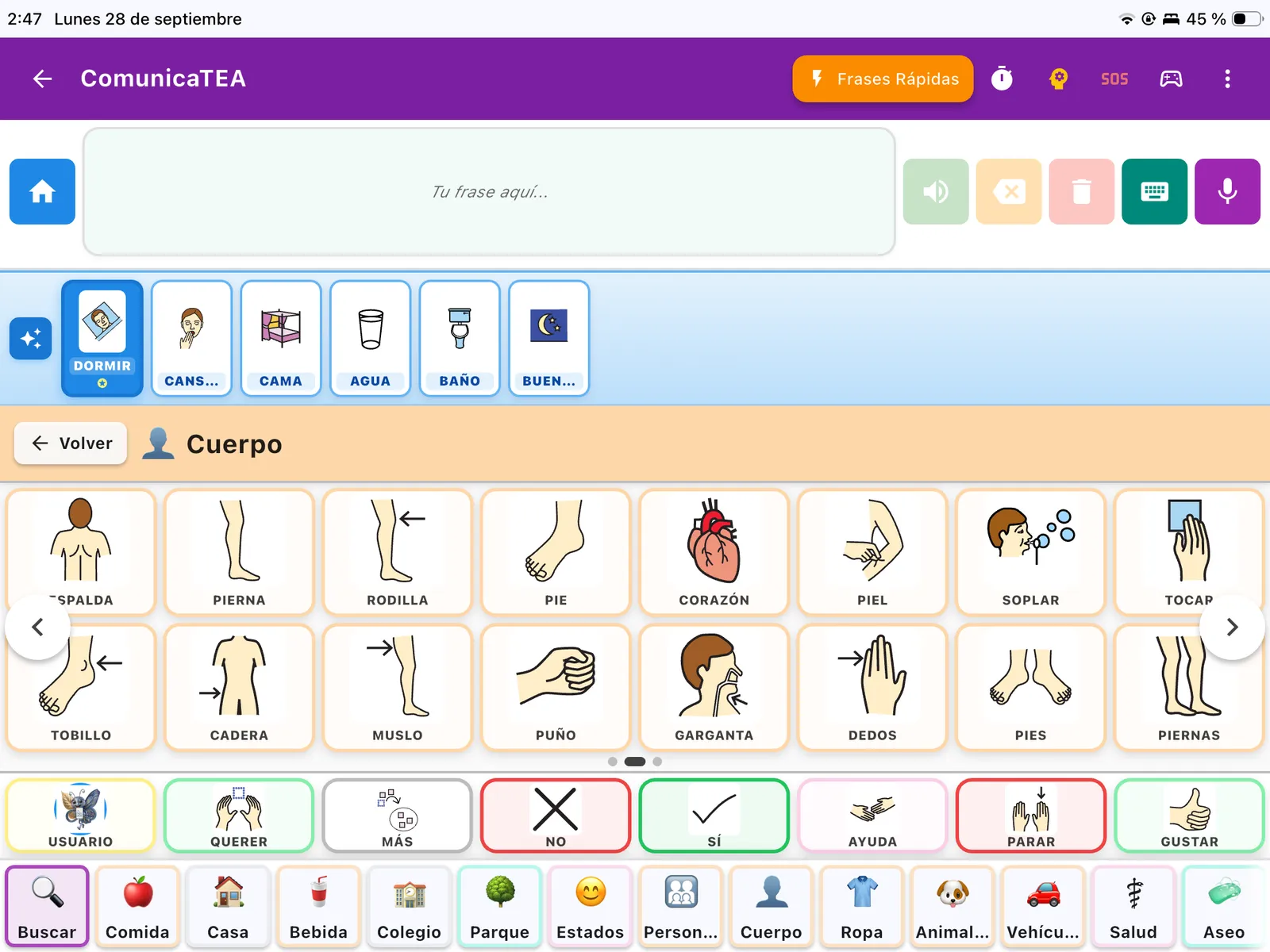Contexto Comida de ComunicaTEA con vocabulario específico como frutas, agua, pan, carne, pasta y otros alimentos.