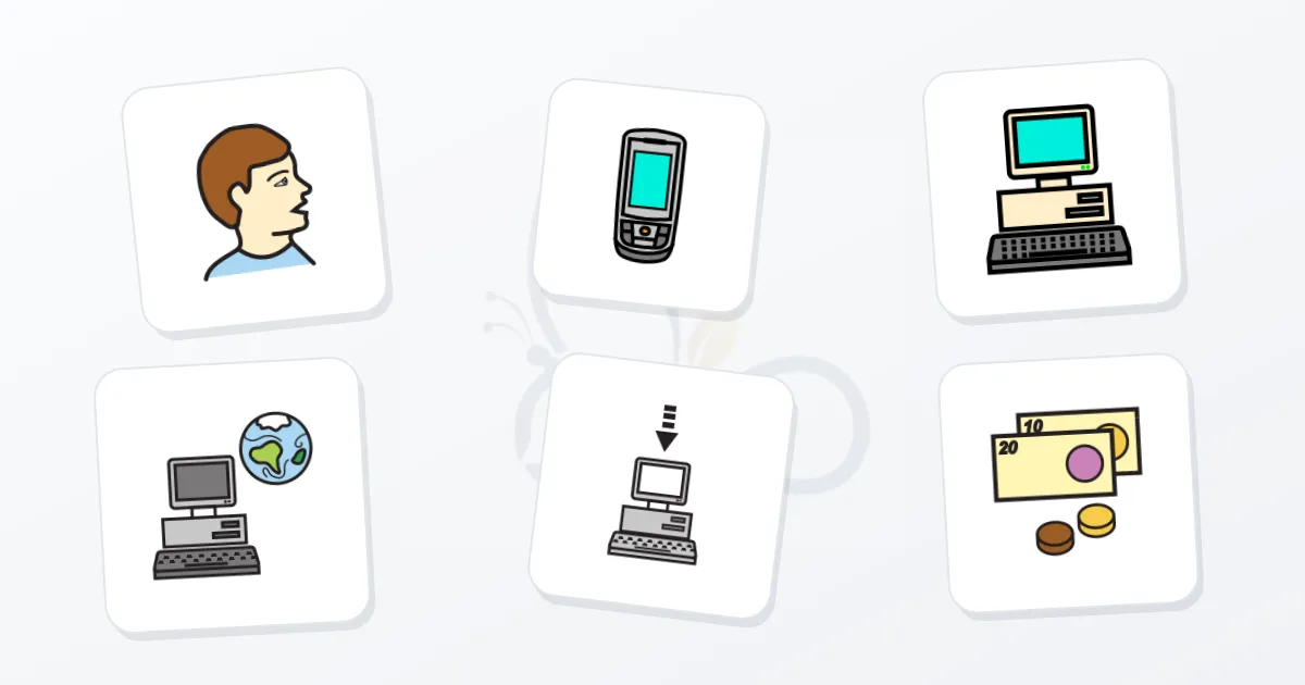 Pictogramas de hablar, móvil, ordenador, internet, descargar y dinero sobre fondo claro con el logo de ComunicaTEA