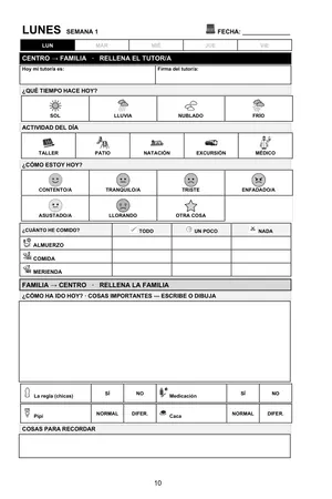 Página de un lunes del libro, con el horario del día en pictogramas.