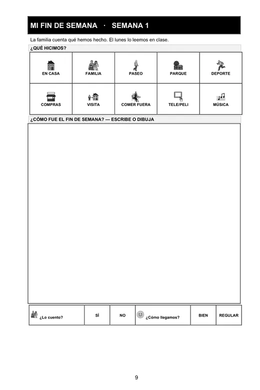 Página «Mi fin de semana» con diez pictogramas para marcar qué se hizo —en casa, familia, paseo, parque, deporte, compras, visita, comer fuera, tele o peli y música— y un recuadro amplio para escribir o dibujar cómo fue